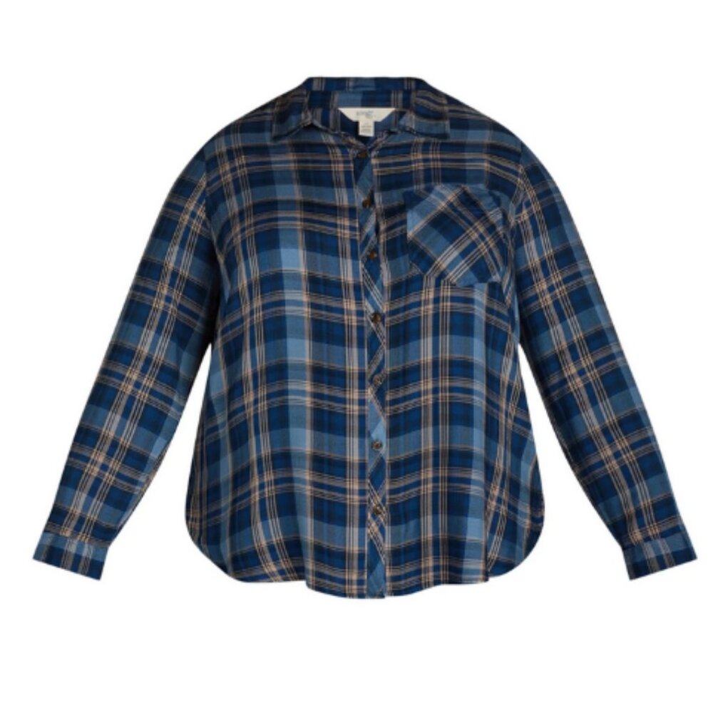Terra & Sky Women's Button Down Shirt Plaid Long Sleeve Size 1X, 3X Blue Comet - Picture 11 of 11